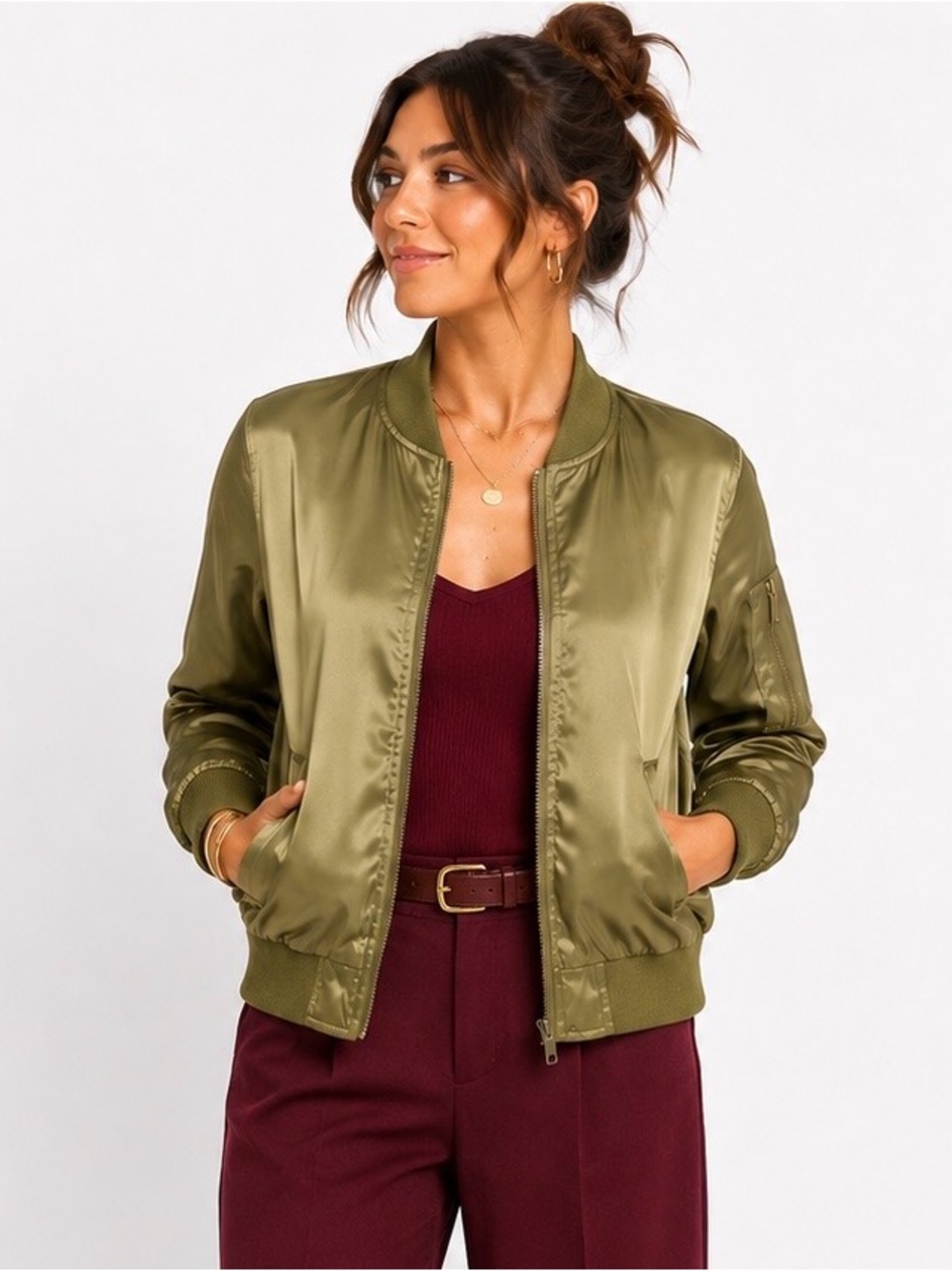 Olive Green Satin Bomber Jacket | Lightweight Zip-Up | Trendy Fall Jacket
